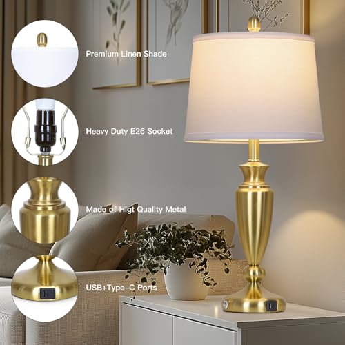 Rinweey 27" Gold Table Lamp Single, Touch Control Modern Bedroom Lamp with USB A+C Ports, 3-Way Metal Bedside Lamp, Elegant Brass Table Lamp for Night Stand Desk Side Table Office (Bulb Inclued) - color: Gold-27"H-1PK