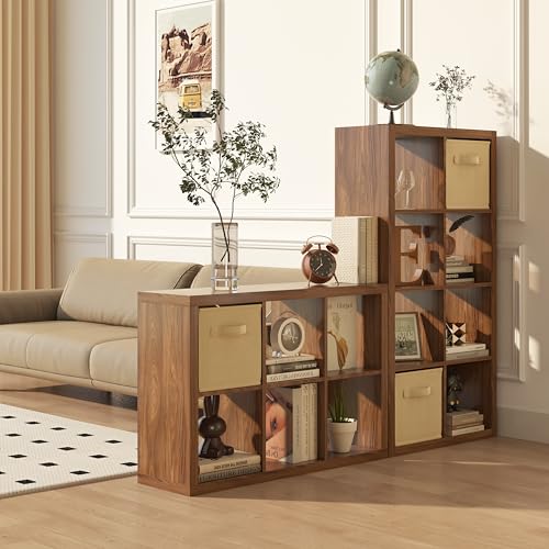 Bookshelf with Storage Bins, 9-Cube Storage Organizer Sturdy Wooden Bookcase Open Book Shelf, Multifunctional Cubicle Rack for Storage & Display, Furniture for Living Room Bedroom Office, Classic Oak - color: Classic Oak, size: 9 cube
