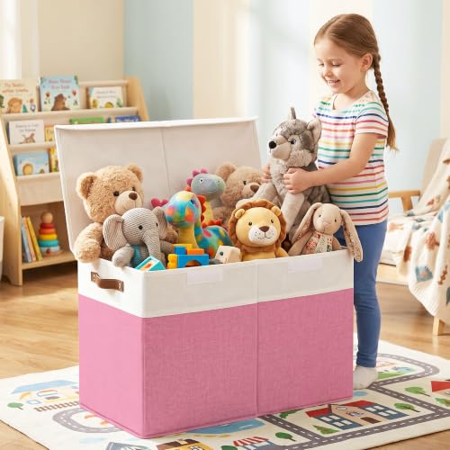 Large Toy Storage Box with Lids, Collapsible Sturdy Baby Storage Organizer Chest Bin Basket for Kids, Boys, Girls, Playroom, Nursery, Bedroom, Closet 25"x13"x16" (Pink and White) - color: Pink and White