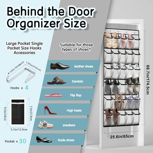 Kotkn Over the Door Shoe Organizer with 30 Breathable Mesh Pockets (2PC-White) - color: 2PC-White