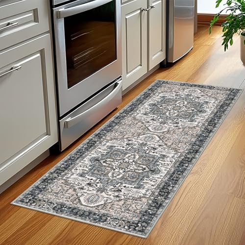 KOZYFLY Runners for Hallways 2x5 Ft Washable Kitchen Runner Rug Boho Runner Rug for Entryway Indoor Printed Oriental Faux Wool Floor Carpet Runner for Laundry Room Kitchen, Blue Gray Black & Beige - color: Blue Gray Black & Beige, size: 2' x 5' (Runner)