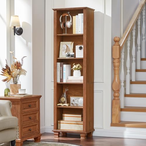 70" Tall Narrow Book Shelf, 5-tire Bookshelf with Adjustable Shelves & Solid Wood Legs, Farmhouse Freestanding Bookcase with Open Storage, Wood Book Case for Office, Living Room, Brown - color: Brown