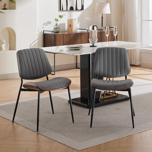 Dining Chairs Set of 2, Mid-Century Modern Upholstered PU Leather Chairs | with Walnut Bentwood Back and Metal Legs Adjustable Feet for Kitchen Dining Living Room, Gray Vertical Stripes - color: Gray Vertical Stripes