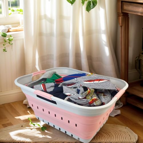 SAMMART 42L (11 gallon) Collapsible Plastic Laundry Basket - Foldable Pop Up Storage Container/Organizer - Space Saving Hamper/Basket (1, Grey/Quartz Pink) - color: Grey/Quartz Pink