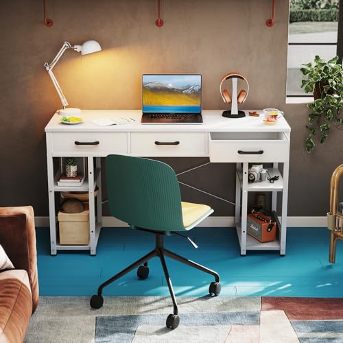 ODK Office Small Computer Desk: Home Table with Fabric Drawers & Storage Shelves, Modern Writing Desk, White, 48"x16"