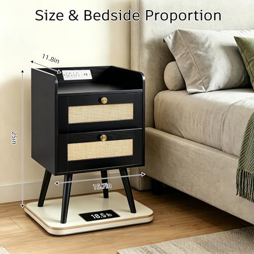 Rattan Nightstands Set of 2, Boho Bedside Table with 2 Drawers | Nightstands Set of 2 with Charging Station, Open Storage End Tables for Bedroom, Small Spaces and Dorm, Solid Wood Legs,Black - color: Black