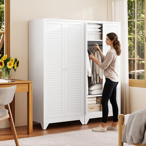 Armoire Wardrobe Closet,20" Deep Metal Wardrobe Cabinet with Doors and Shelves,Hanging Rod Clothing Storage Cabinets for Home Room (White) - color: White, size: 20"D x 32"W x 71"H