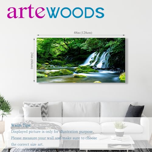 arteWOODS Waterfall Canvas Wall Art Living Room Decoration Large Nature Picture Artwork Modern Landscape Painting Green Forest Prints for Kitchen Office Wall Decor Home Decorations 24" x 48" - color: Green Forest Waterfall Stream, size: 48"L x 24"W