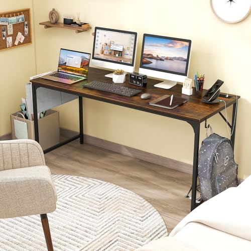 Giantex 60 Inch Computer Desk with Charging Station, Home Office Writing Desk with Storage Bag & Headphone Hook, Large Gaming Table PC Workstation, Modern Simple Laptop Desk for Bedroom, Study - color: Rustic Brown, size: 60"