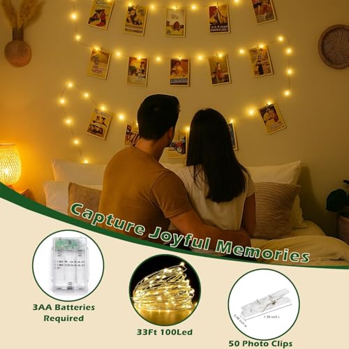 Teen Girl Room Decor with Photo Light: Battery Operated 33Ft 100LED Fairy Lights with Clips for Pictures with Timer, String Light with 50 Clear Clips for Christmas Bedroom Dorm Décor - color: Battery-Warm White