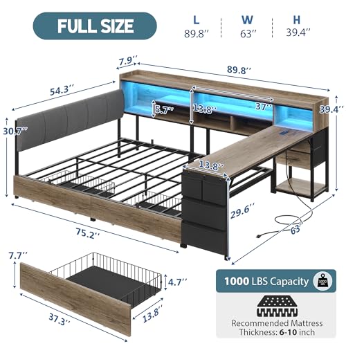BYSAUD Corner Bed with Storage and Desk, Full Bed Frame, Corner Bed Frame Full with 4 Drawers, 7 Bookcase, 1 Side Storage Bag, Upholstered Headboard, LED Lights, Charging Station, Oak Gray - color: Oak Gray, size: Full Corner Bed