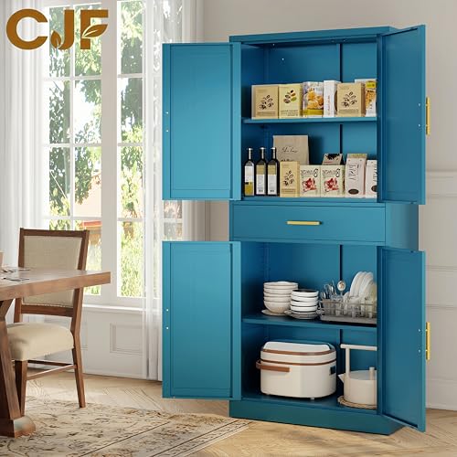 CJF 71" Blue Metal Kitchen Pantry Cabinet with Drawer, Tall Storage Cabinet with 2 Adjustable Shelves and Doors, Heavy Duty Freestanding Floor Cupboard for Home, Kitchen, Dining, Living - color: Blue, size: 71"Hx 28"Wx 14"D-1Drawer