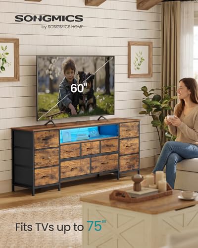 SONGMICS BELLAH Collection - TV Stand for TVs Up to 70 Inches, Dresser for Bedroom, Living Room, Chest of Drawers, Steel, 11 Drawers and Shelf, Industrial, Rustic Brown ULGS043K101S - color: Rustic Brown, size: 13.8"D x 68.4"W x 26.8"H (11 Drawers)