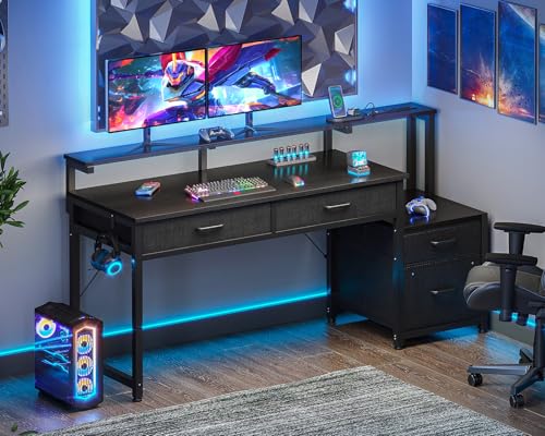 AODK Computer Desk with 4 Drawers, 55 Inch Office Desk with Printer Shelf & Built-in Power Outlet, Work Desk with Monitor Shelf for Home Small Spaces, Black - color: Black
