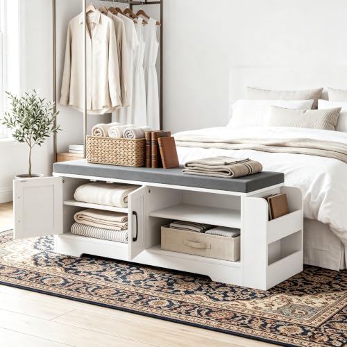 Farmhouse Shoe Storage Bench with 3-in-1 Entryway Storage & Padded Seat | 39.6" Wide Entryway Bench with Adjustable Shelves, Shoe Organizer & Side Storage Rack for Living Room, Bedroom, White - size: 39.6" Wide