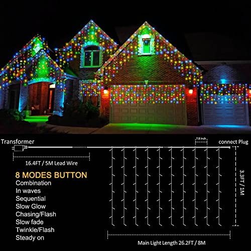 kemooie 400 LED Outdoor Curtain Lights, 26.2FT x 3.3FT Connectable 8 Lighting Modes for Christmas Decorations Bedroom Wall Party Garden Decorations (Multicolor) - color: Multicolor