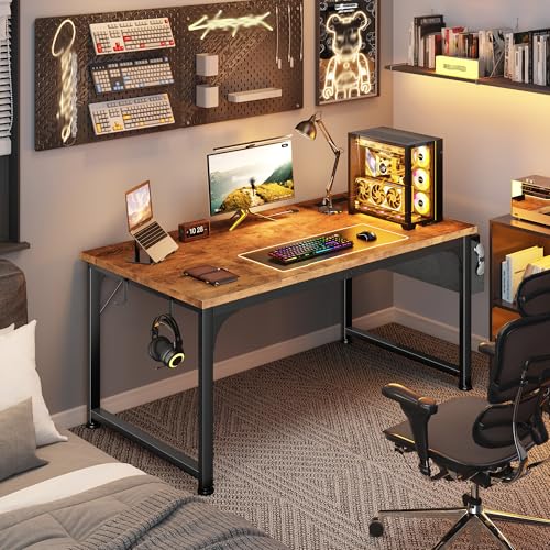 DurayLoly 47" Study Computer Desk with Thicken Frame, RGB LED&Power Outlets | 24" Widened Desktop,Detachable Stand, Hooks & Storage Bag, 110LBS Capacity, Home Office Desk, Brown - color: Brown, size: 47 Inch