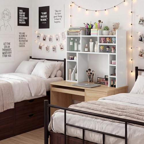 NUTIKAS White Desk Hutch Dorm with Shelves and File Organizer - 37" Wood Desktop Hutch for College Room, Desktop Bookshelf for Computer Desk, Space Saving Bookshelf