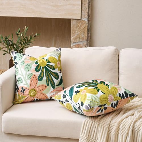 Tyrot Boho Floral Velvet Throw Pillow Covers 16x16 Inch Set of 2 Farmhouse Cushion Covers Mid Century Modern Botanical Home Decor Accent Pillow Cases for Couch Bed Sofa Living Room, Bedroom, Green - color: Rose Garden, size: 16" x 16" (Pack of 2)
