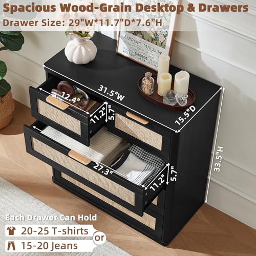 LEYAOYAO Rattan Dresser for Bedroom, 33.5" Tall Chest of Drawers, Modern 5 Drawers Boho Dressers with Storage, Light Oak Dresser Wooden Closet Organizer for Living Room, Hallway, Black - color: Boho Black, size: 15.5"D x 31.5"W x 33.5"H (5 Drawers)