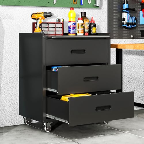 Garage Cabinets,Metal Garage Storage Cabinet with Wheels,Black Lockable Rolling Tool Cabinet with Drawer and Adjustable Shelves,Heavy Duty Tool Chest for Home Office Utility Room - color: Black, size: 3 Drawers