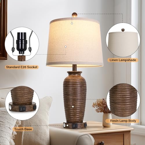 CINSARY 25" Retro Walnut Brown Farmhouse Jar Table Lamps Set of 2, 3 Way Touch Control Rustic Bedside Lamps with USB A+C Ports & AC Outlet, Pot Nightstand Lamps for Bedroom Living Room - color: Walnut Brown