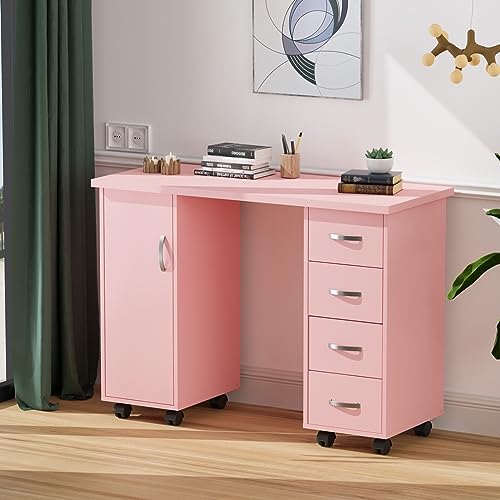 OmySalon Manicure Table Nail Desk with Cabinet, Drawers, Wheels & Wrist Rest, Spa Salon Beauty Home Wooden Technician Workstation for Nail Tech, Pink - color: Pink
