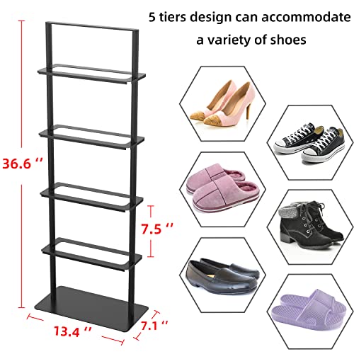 Metal Shoe Stand, 5 Tier Vertical Shoe Rack, Narrow Shoe Rack for Small Space Saving Shoe Tower Sturdy, Free Standing Shoe Racks for Entryway, Matte Black Shoe Organizer for Closet