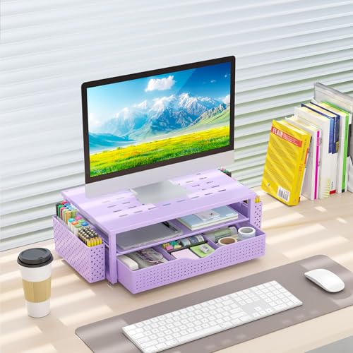 gianotter Monitor Stand with Drawer and 2 Pen Holders | Monitor Riser Dual-Layer Storage Desk Organizers and Accessories (Purple) - color: Purple-Ventilated