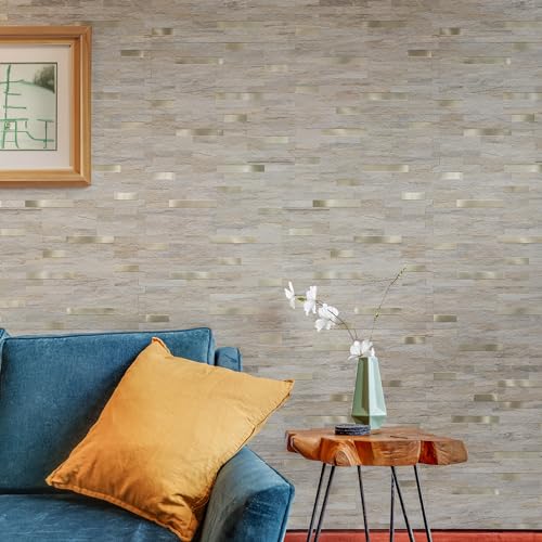 StyloVue 20 Sheets Kitchen Peel and Stick Backsplash Tiles, Beige with Metal Gold Look Stick on Backsplash for Kitchen, RV, Fireplace - color: Beige With Metal Gold