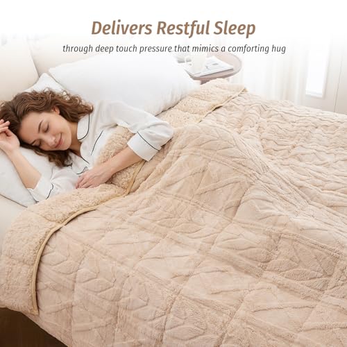 Fleece Weighted Blanket 15 lbs, Queen Size 60" x 80" Light Khaki | Sherpa Heavy Blankets, Adults Jacquard Knitted Throw for Better Sleep and Relaxing, Comfort Fluffy Cozy Warm Chunky Soft - color: Light Khaki, size: 60" X 80" 15lbs