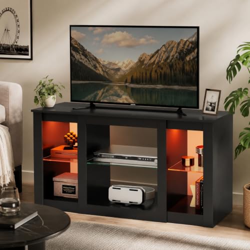 WLIVE Small TV Stand for 43/40/32 Inch TVs, Modern Entertainment Center with RGB LED Lights & Adjustable Glass Shelves, Compact Media Console Table for Bedroom, Living Room, Black - color: Black, size: 39" Modern TV Stand