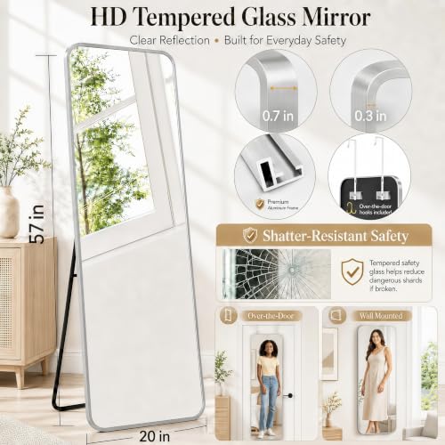57x20" Full Length Mirror Floor Stand,Over the Door,Wall Mounted Silver | HD Crystal Clear Tempered Glass,Aluminum Frame,Full Body Dressing Make-Up Mirrors Rect Hang for Bedroom,Bathroom,Living Room - color: Silver, size: 57"L x 20"W