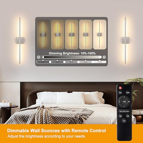 Morauroral Battery Operated Wall Sconces Set of 2, Dimmable Battery Wall Sconce with Remote Control, Sand-Nickel LED Rechargeable Sconces, 24 Inch Modern Wireless Wall Lights for Bedroom, Living Room - color: Sand-Nickel, size: 24 Inch (2 Pack)