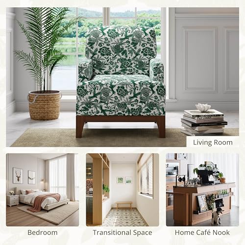 Floral Accent Chair, Upholstered Armchair with Solid Legs, Comfy Reading Single Sofa with Spring-Padded Cushion for Bedroom, Green - size: Wide Seat