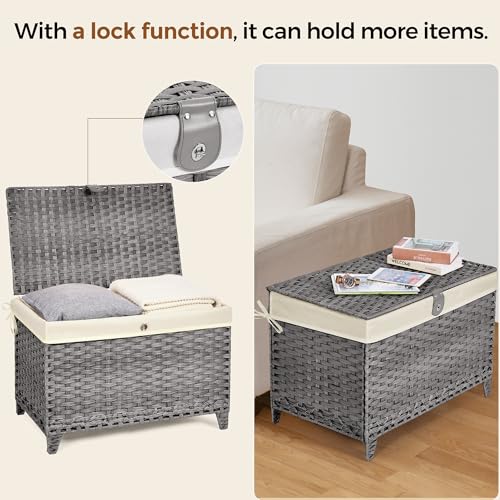 Wicker Storage Basket with Lid, 160L Shelf Basket with Removable Liner Bag | Rattan-Inspired Woven Design, Elevated Feet, Storage Trunk for Wardrobe, Bedroom & Home Organization - color: Grey, size: 160L