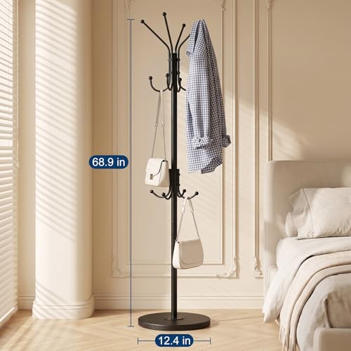 Freestanding Coat Rack with 12 Hooks,Modern Coat Stand with Wood Base for Entryway, Bedroom, Office, 3 Adjustable Height Coats Hanger Stand for Coats, Hats, Handbags and Scarves, Black
