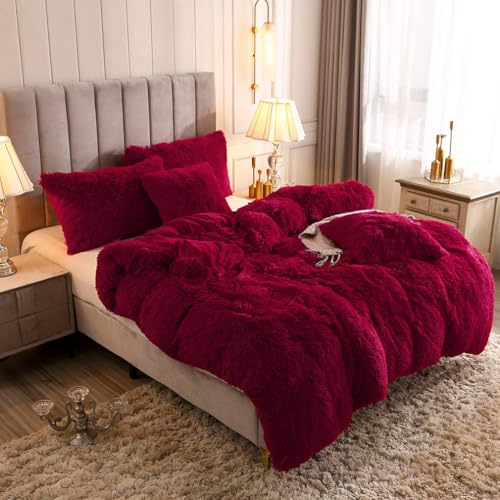 Faux Fur Velvet Fluffy Bedding Duvet Cover Set Down Comforter Quilt Cover with Pillow Sham, Ultra Soft Warm (Burgundy, Twin) - color: Burgundy, size: Twin