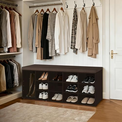 Shoe Storage Bench with Cushion, 13-Cubby Shoe Rack with Seat | 50.8"L Entryway Shoe Organizer Bench, Adjustable Shelves for Boots, Removable Washable Cushion, Closet/Hallway, Espresso - color: Espresso, size: 13 Cubby