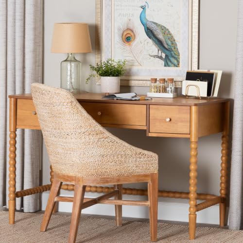 Baxton Studio Lucera Bobbin Writing Desk | 3-Drawer Home Office Desk, Spindle Frame, Oak Brown - color: Oak Brown
