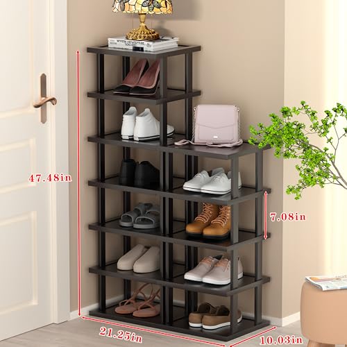 Vertical Shoe Rack - Tall Narrow Shoe Rack Organizer for Small Spaces,12 Tier Bamboo Shoen Shelf for Entryway,Closet,Corner,Doorway,Skinny Shoe Shelf Space Saving Shoe Storage,Free Stackable DIY - color: Black, size: 12-tier