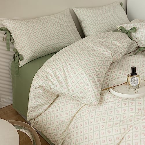 Pink Floral Duvet Cover Twin Chic Plaid Grid Duvet Cover 100% Cotton Floral Cottagecore Bedding Set for Girls Women Vintage Country Bedding Blooming Flower Comforter Cover with 2 Bowknot Pillowcases - color: A1# 01-7 Bow Tie Bloom Pink, size: Twin(68"x86"