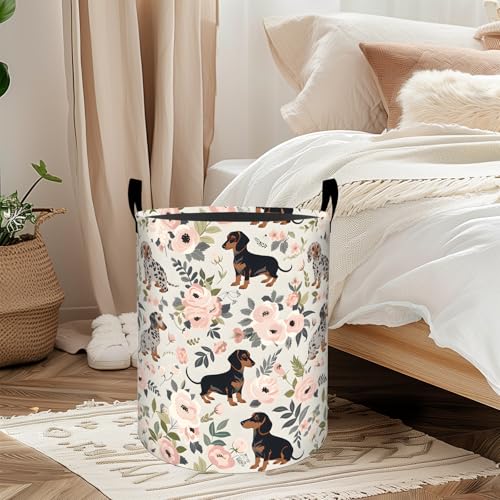 Floral Dachshund Dog Laundry Basket, Oxford Cloth Playful Dirty Clothes Collapsible Hamper for Room Decor, Flower and Puppy Print Gifts Toy Organizer 19.7 * 15.7 Inch for Bedroom Bathroom Dorm - style: Dachshund