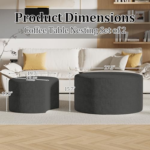 Round Nesting Coffee Table Set of 2,Upholstered Foam Ottoman Footrest Side Table Set,Modern Flannel Circle Coffee Table No Assembly for Living Room Entryway Bedroom,Grey - color: Grey