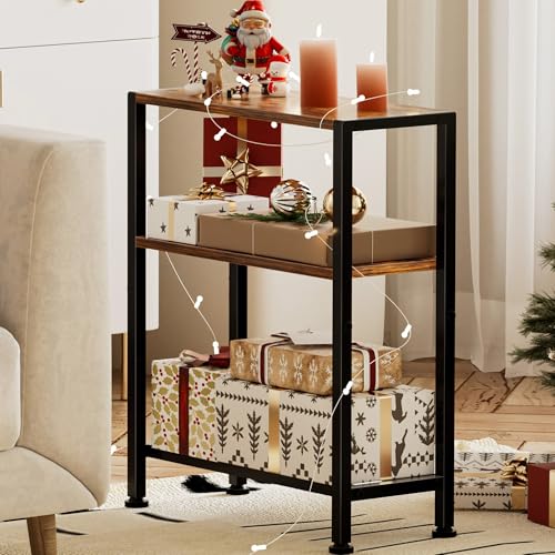 Narrow Side Table Set of 2 for Small Space, 2-Tier Small End Table with Shelf Holder, Slim Nightstand, Skinny Snack Couch Table in Living Room, Bedroom, Study, Kitchen and Balcony (Rustic Brown) - color: Rustic Brown