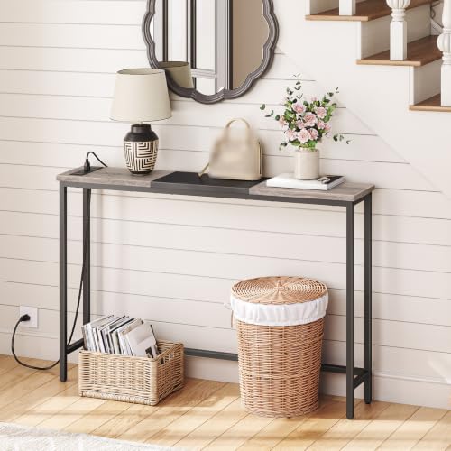 HOOBRO Narrow Console Table with Power Outlets, 44.9 Inches Sofa Table, Slim Behind Couch Table, Entryway Table with Display Shelf, for Living Room, Foyer, Hallway, Greige and Black BG114UXG01 - color: Greige + Black
