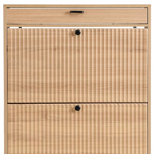 Shoe Cabinet, Shoe Storage Organizer Cabinet with 2 Flip Wavy Line Drawers, Freestanding Shoe Rack with Adjustable Shelf for Entryway, QH242-1 - color: Wavy Line-oak