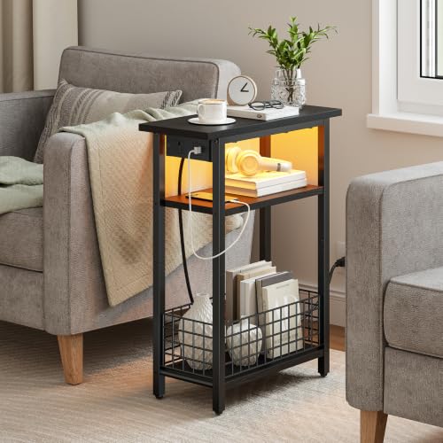 HOOBRO Narrow Side Table with Charging Station and LED Light, Small End Table with Storage, Skinny Nightstand with USB Port, Slim Bedside Table for Small Spaces, Living Room, Black BB242UDBZ01 - color: Black