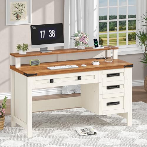 47" Farmhouse Computer Desk with 4 Drawers for Home Office, Bedroom | Executive Desk with Power Outlets, Home Office Desk with Monitor Stand, Small Desk Writing Study Table, Antique White - color: Brown and White