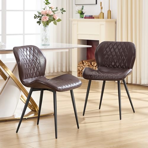 Dining Chairs Set of 3, Comfy Modern Dining Chairs with Thick Cushions, Upholstered Faux Leather Kitchen Side Chairs with Adjustable Metal Legs for Dining Room (Coffee) - color: Coffee, size: Set of 3